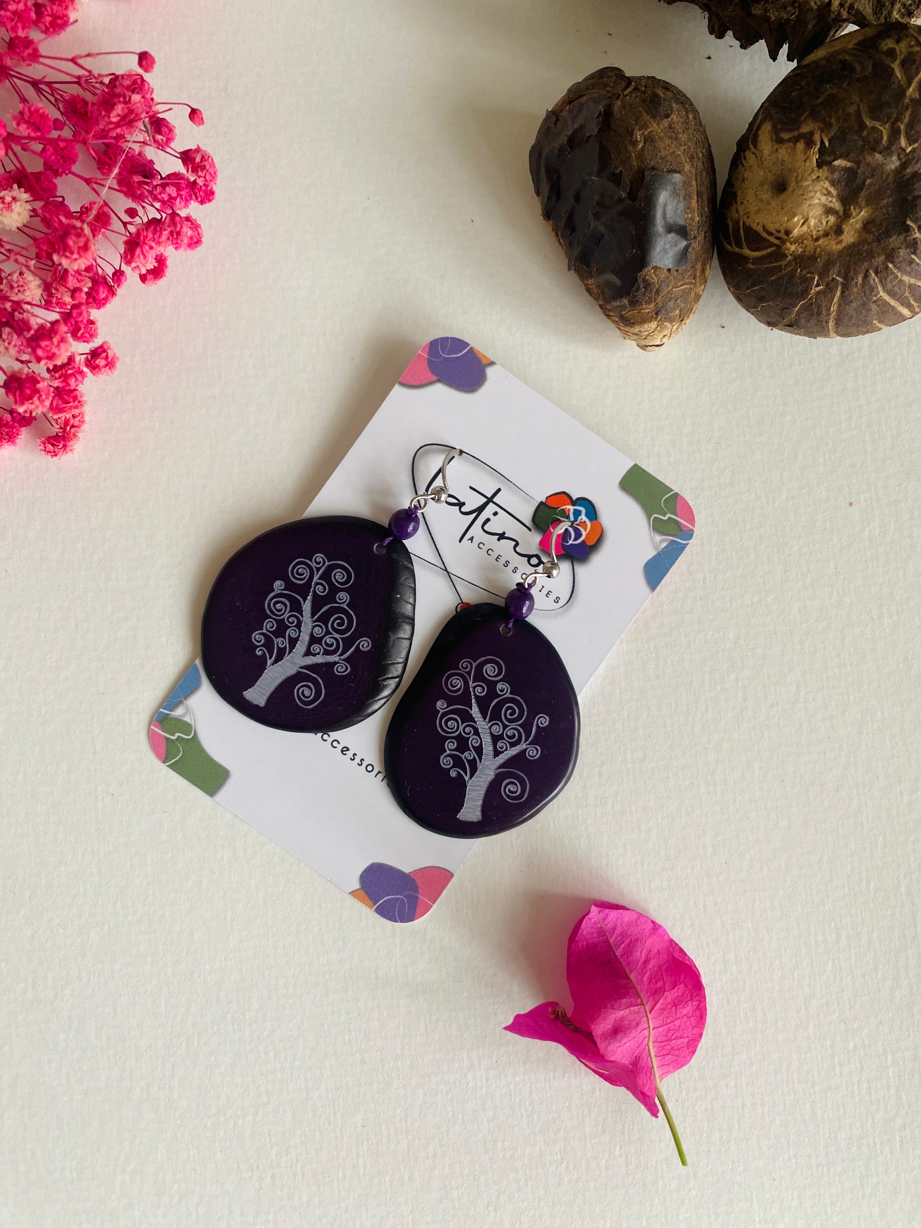 Purple Tree Tagua Earrings